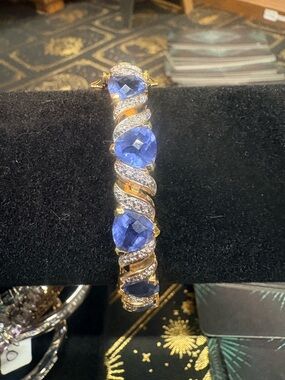 Diamonique Tennis Bracelet Gold over Sterling Silver 925 Blue Tone Crystals